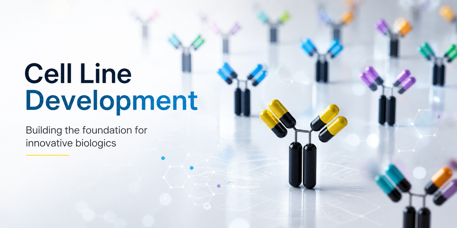 Cell Line Development graphic that says 'Cell Line Development, Building the foundation for innovative biologics.' with molecular geometrys