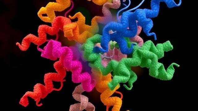 Coorful Fusion protein geometry on black background, bold helixes complex