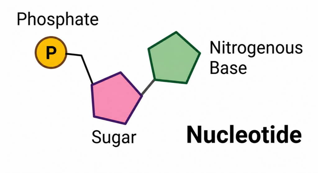 A clean, labeled diagram of a nucleotide on a white background. On the left, a yellow circle labeled ‘P’ represents the phosphate group, connected by a black line to a pink pentagon labeled ‘Sugar.’ This sugar is connected by another line to a green pentagon labeled ‘Nitrogenous Base’ on the right. The word ‘Phosphate’ appears above the circle, ‘Sugar’ below the pentagon, and ‘Nucleotide’ is written in large bold text at the bottom right.