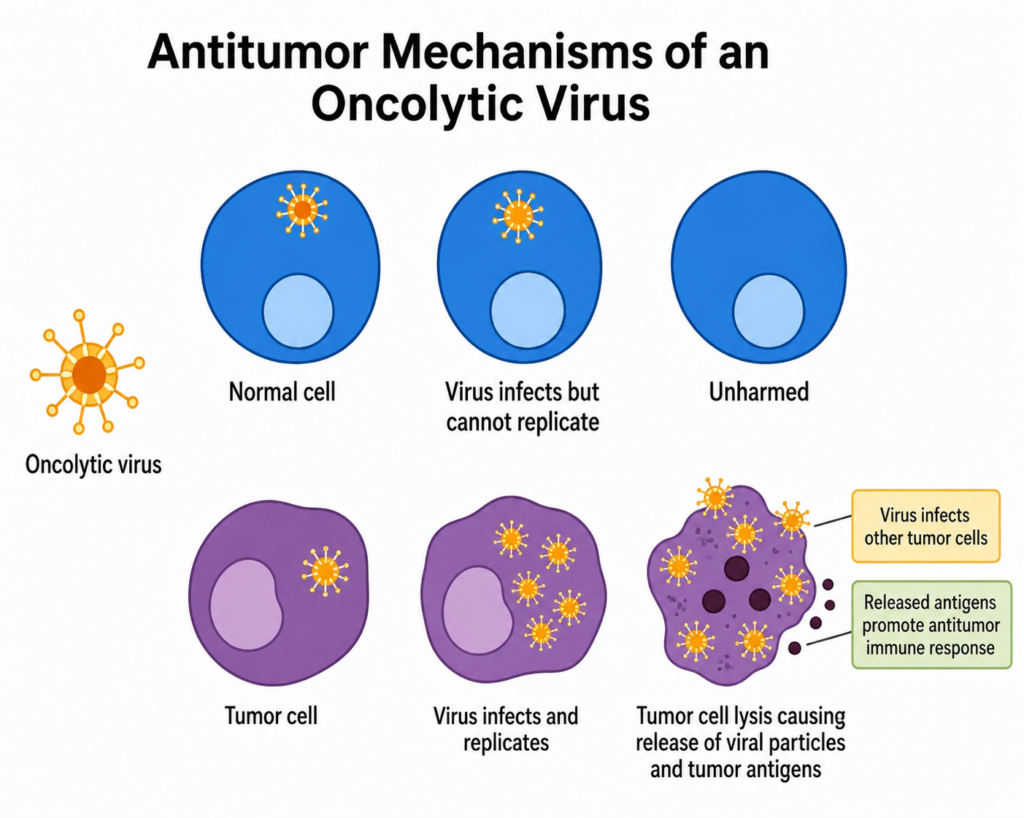 Infographic showing how an oncolytic virus infects tumor cells, replicates, causes cell lysis, and stimulates an antitumor immune response.