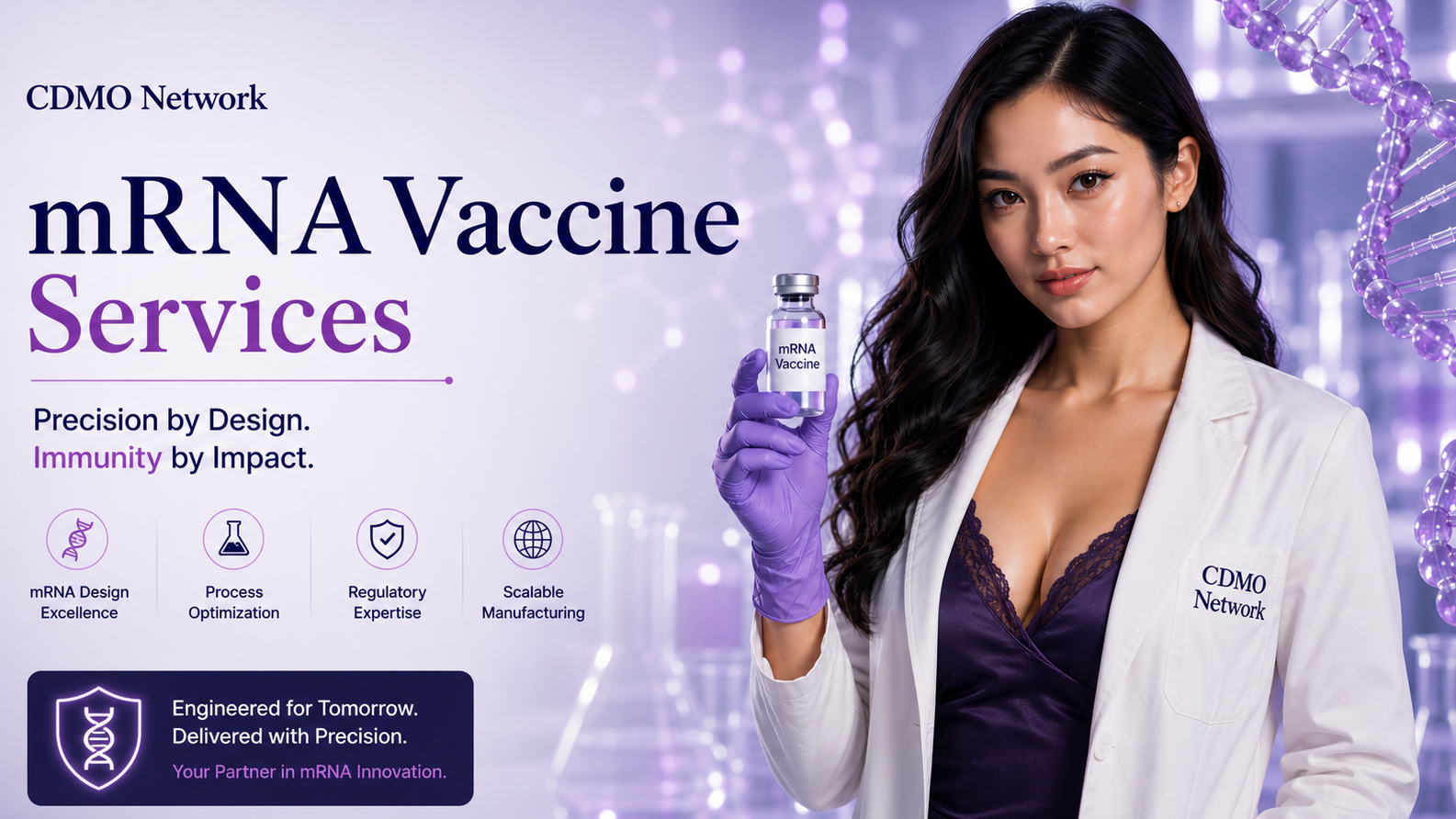 CDMO Network mRNA Vaccine Services graphic, purple white black, pretty model holding vaccine