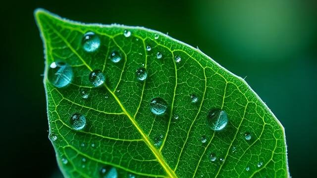 Leaf and water droplets on it, green blurry background