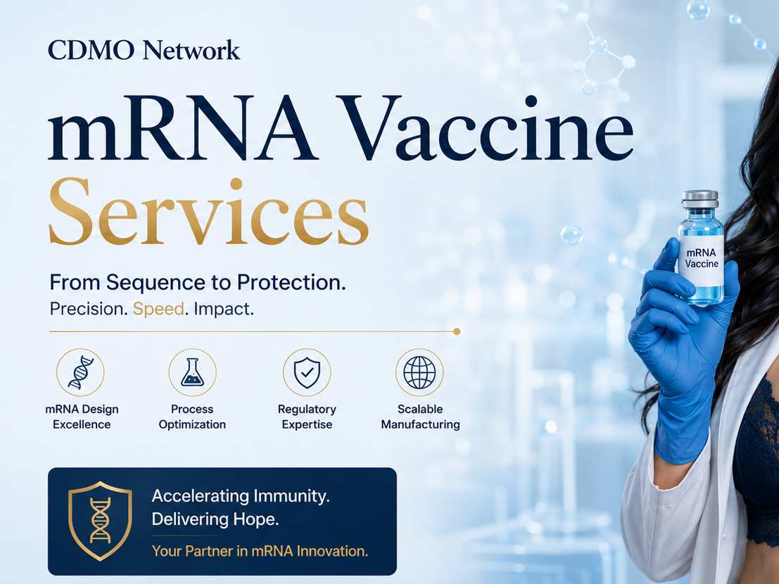CDMO Network mRNA Vaccine Services marketing banner, gold, black, blue colors, mRNA vaccine bottle being held up with text