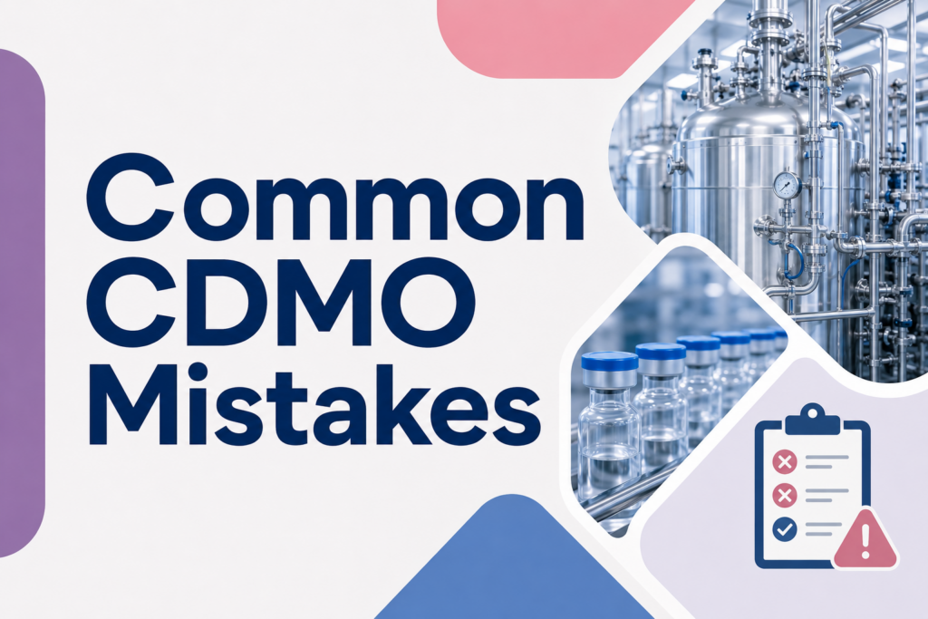 Clean biotech banner with large navy text reading “Common CDMO Mistakes.” The right side shows stainless steel biomanufacturing equipment, sterile vials, and a checklist warning icon, using soft blue, purple, pink, and white design elements.