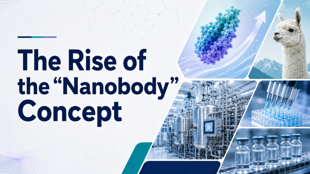 Modern biotech banner reading “The Rise of the ‘Nanobody’ Concept,” with large navy text on a clean white background. The right side shows a VHH nanobody protein model, an alpaca, stainless steel biomanufacturing equipment, pipetting, and sterile vials, representing the emergence of nanobody science and VHH CDMO development.