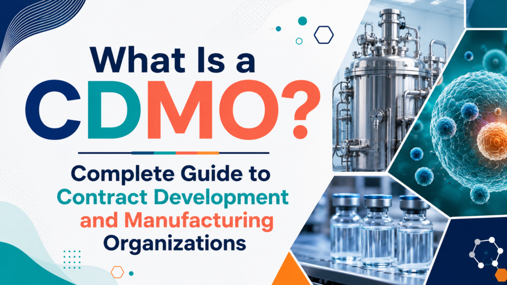 Modern biotech banner titled “What Is a CDMO?” with large navy, teal, and coral typography on the left and supporting text reading “Complete Guide to Contract Development and Manufacturing Organizations.” The right side shows stainless steel biomanufacturing equipment, sterile vials, and a stylized biological cell image in clean geometric panels.