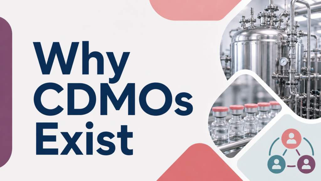 Clean modern biotech banner with large navy text reading “Why CDMOs Exist.” The right side features stainless steel biomanufacturing equipment, sterile vials with soft pink caps, and a partnership network icon, using muted rose, teal, navy, and white design elements.