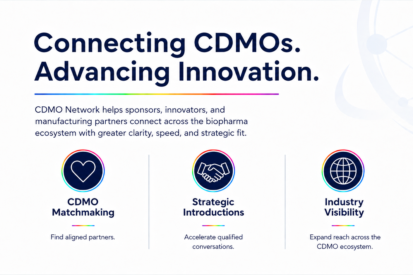 Connecting CDMOs Advancing Innovation, CDMO Network helps sponsors, innovators, and manufacturing partners connect across the biopharma ecosystem with greater clarity, speed, and strategic fit, banner