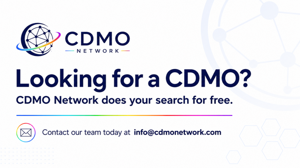 Clean white promotional graphic for CDMO Network featuring the CDMO Network logo, bold headline text about finding a CDMO, and a message that if a suitable CDMO match is not already in the network, the team will perform the search for free, with contact information for info@cdmonetwork.com.