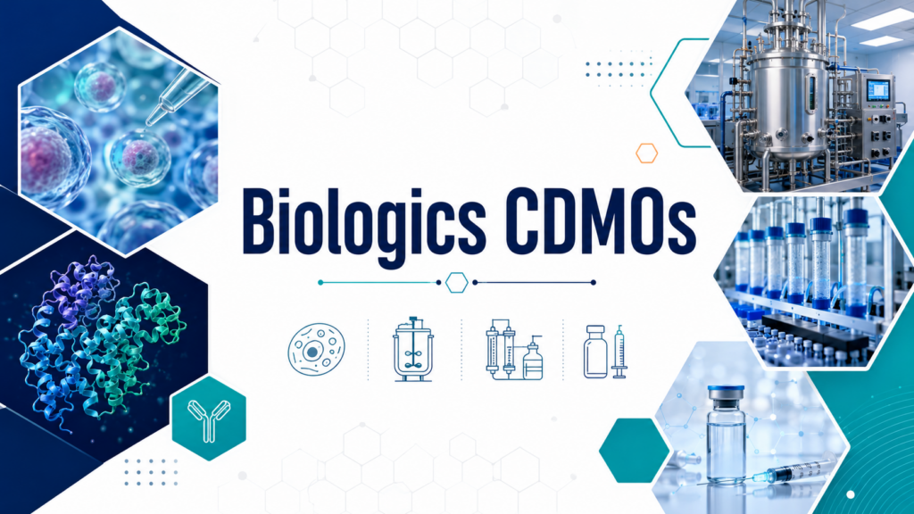 Wide biotech infographic banner titled “Biologics CDMOs,” featuring cell imagery, protein structures, antibody iconography, bioreactor equipment, vials, syringe visuals, and a clean white, teal, and navy geometric layout.
