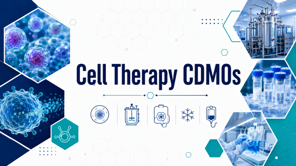 Wide biotech infographic banner titled “Cell Therapy CDMOs,” showing cellular imagery, bioreactor and cryogenic supply visuals, lab processing, cell therapy icons, and a clean technical pharmaceutical design with hexagonal image panels.