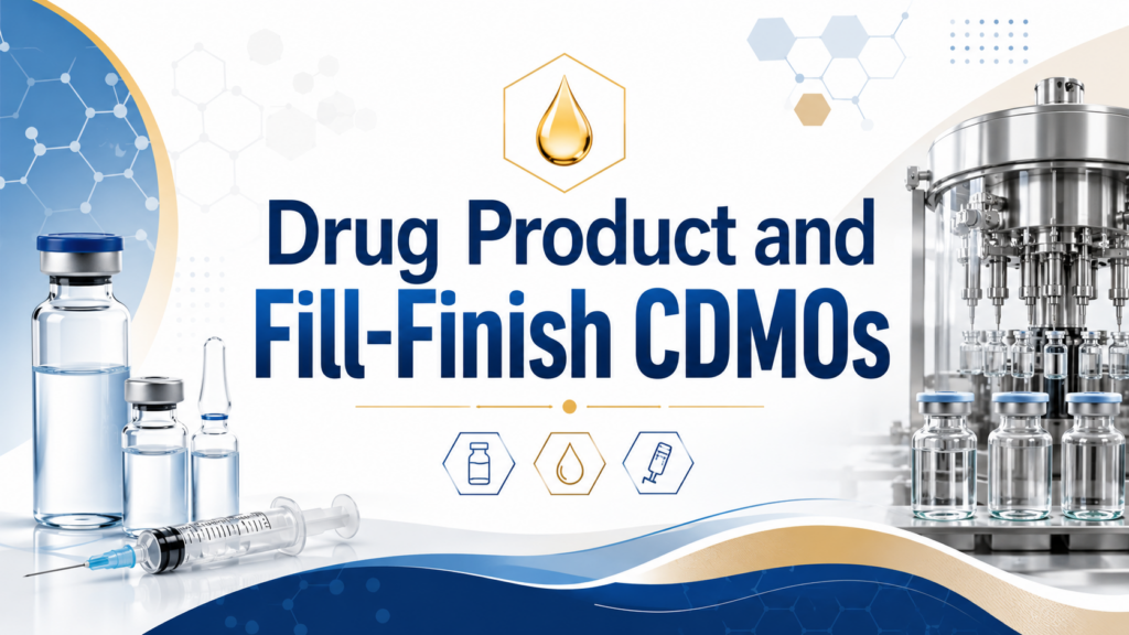 Wide pharmaceutical banner titled “Drug Product and Fill-Finish CDMOs,” with blue, white, tan, and gold styling, showing vials, ampoules, syringes, sterile filling equipment, and clean fill-finish manufacturing visuals.