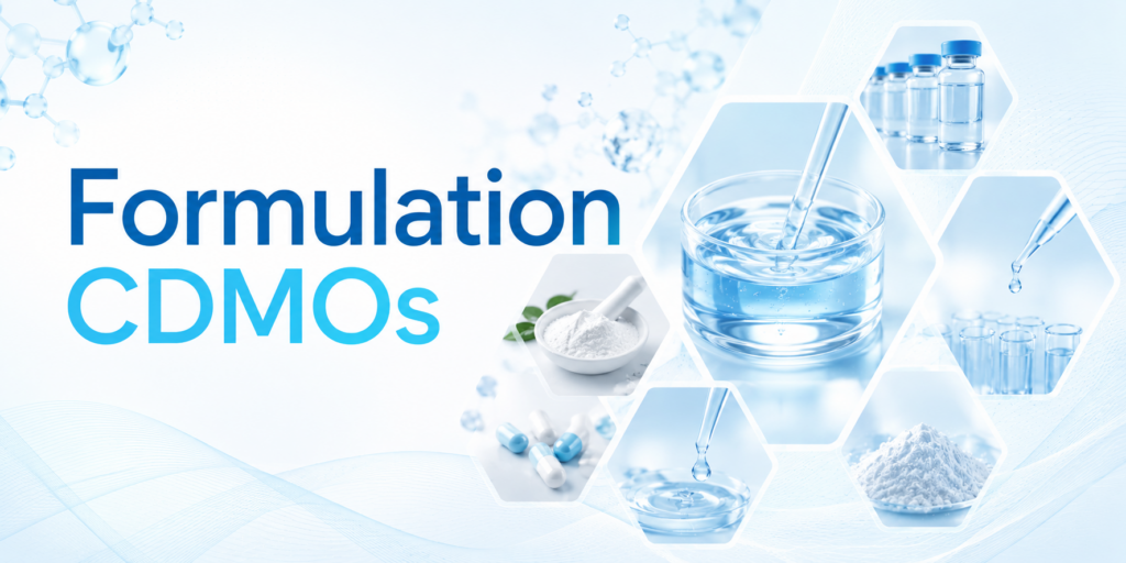 Wide light blue and white biotech banner titled “Formulation CDMOs,” featuring large clean typography, hexagonal image panels, lab glassware, pipettes, vials, capsules, powder ingredients, and soft scientific wave graphics in a polished formulation-development style.