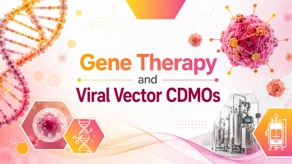 Wide biotech banner titled “Gene Therapy and Viral Vector CDMOs” in bold pink, orange, and yellow text, featuring DNA strands, stylised viral particles, cell imagery, bioprocess equipment, and clean geometric infographic elements on a bright white background.