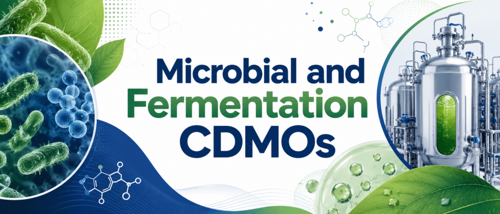 Wide green, blue, and white biotech banner titled “Microbial and Fermentation CDMOs,” showing microbial cells, fermentation tanks, leaves, bubbles, molecular graphics, and clean bio-manufacturing design elements.