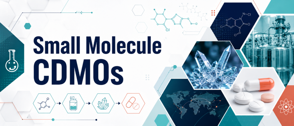 Wide biotech infographic banner titled “Small Molecule CDMOs,” with clean navy typography, chemical structures, crystalline materials, capsule imagery, manufacturing tanks, global supply visuals, and geometric hexagon design elements.